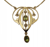 Damen Halskette 925 Silber vergoldet mit Peridot und Perlenapplikationen